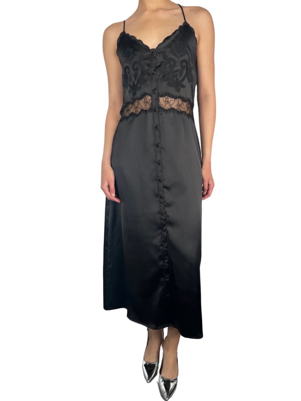 Zara Black Satin Midi Slip Dress with Lace Waist